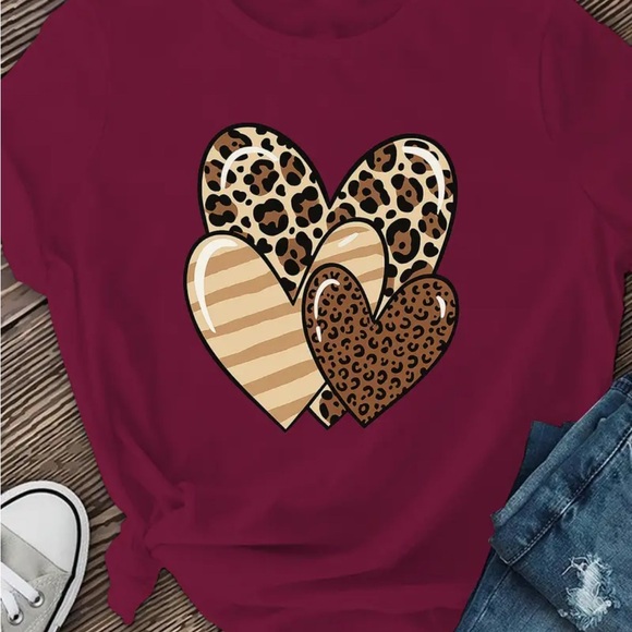Tops - NEW Burgundy T-Shirt with Leopard Heart Design